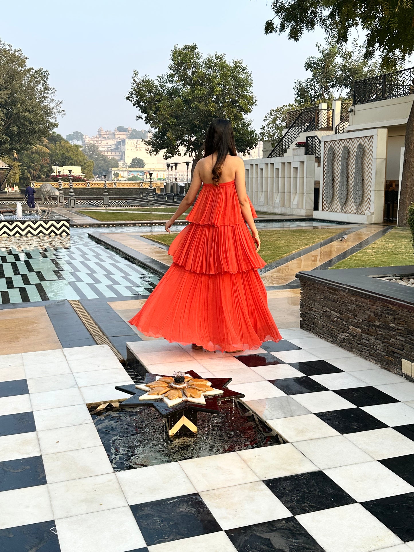 Orange Ruffle Dress, three layer, Georgette fabric, Tube, Back View.