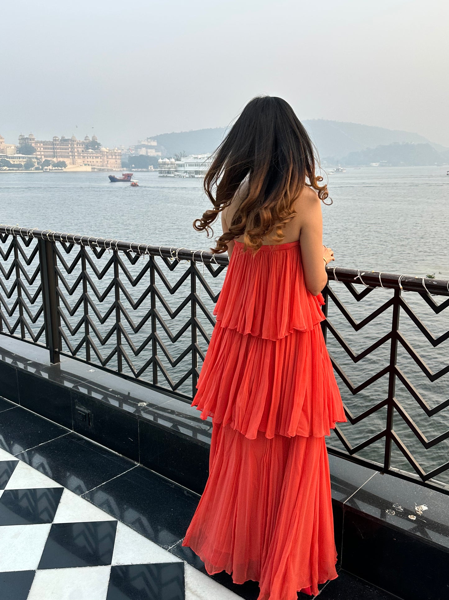Orange Ruffle Dress, three layer, Georgette fabric, Tube, Back View.