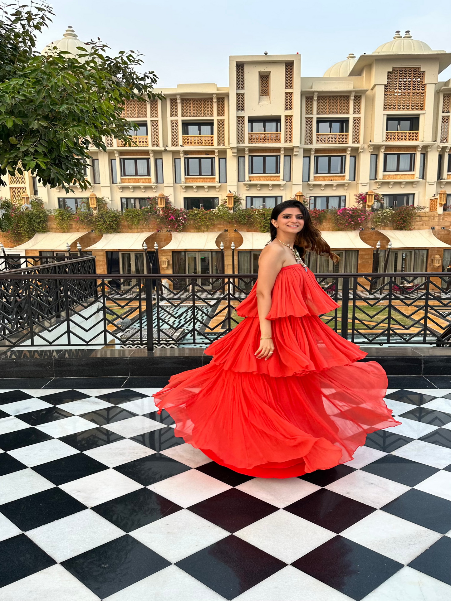 Orange Ruffle Dress, three layer, Georgette fabric, Tube, Side View.