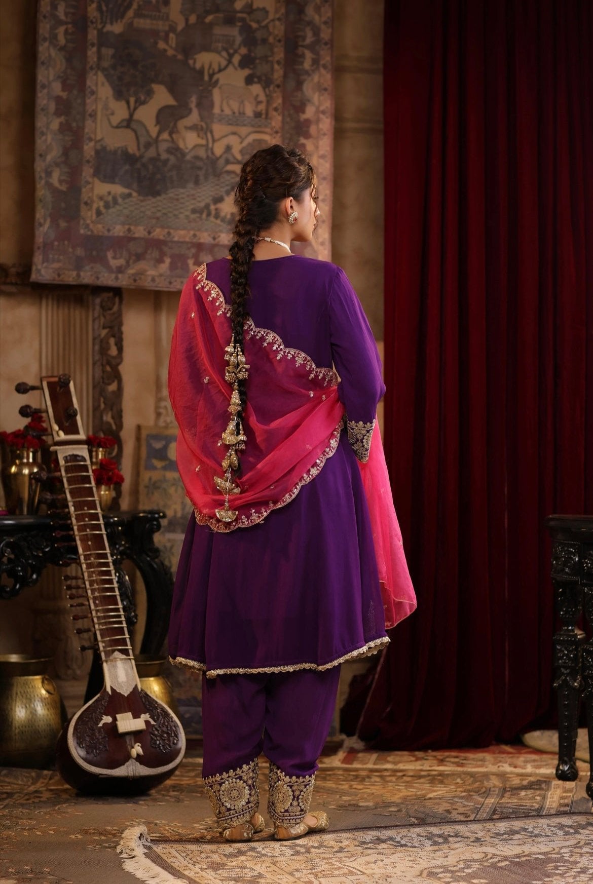 Purple Anarkali Georgette Dori Gota Embroidery set with Fuchsia Pink Organza Dupatta. Back view.
