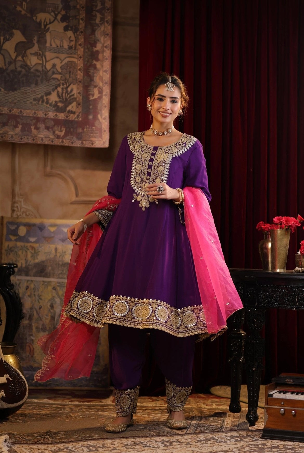 Purple Anarkali Georgette Dori Gota Embroidery set with Fuchsia Pink Organza Dupatta. Front view.
