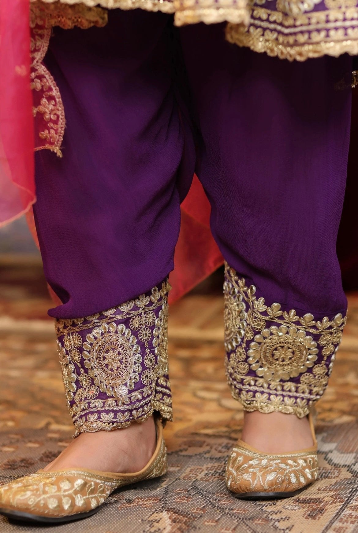 Purple Anarkali Georgette Dori Gota Embroidery set with Fuchsia Pink Organza Dupatta. Detail view.