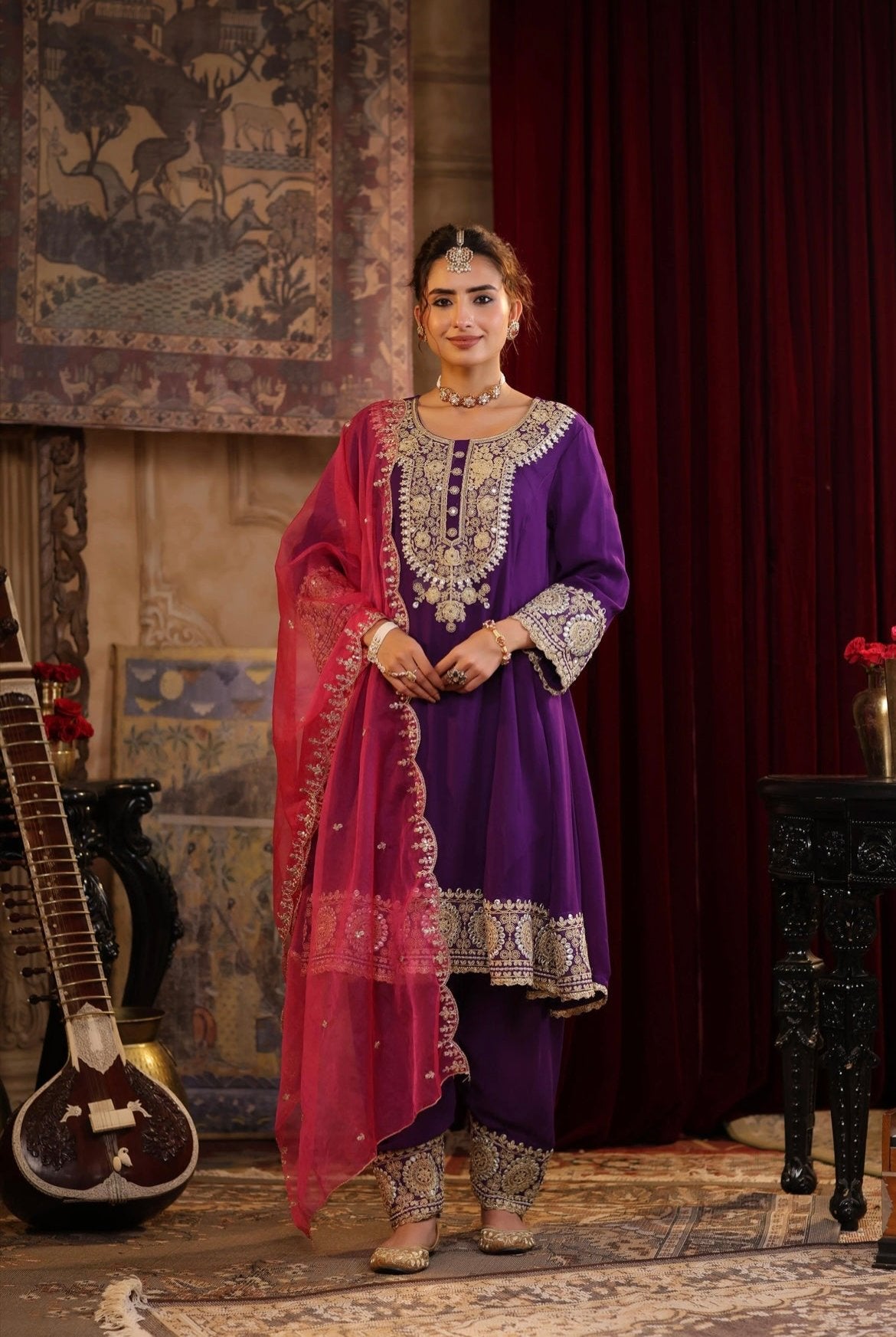 Purple Anarkali Georgette Dori Gota Embroidery set with Fuchsia Pink Organza Dupatta. Front view.
