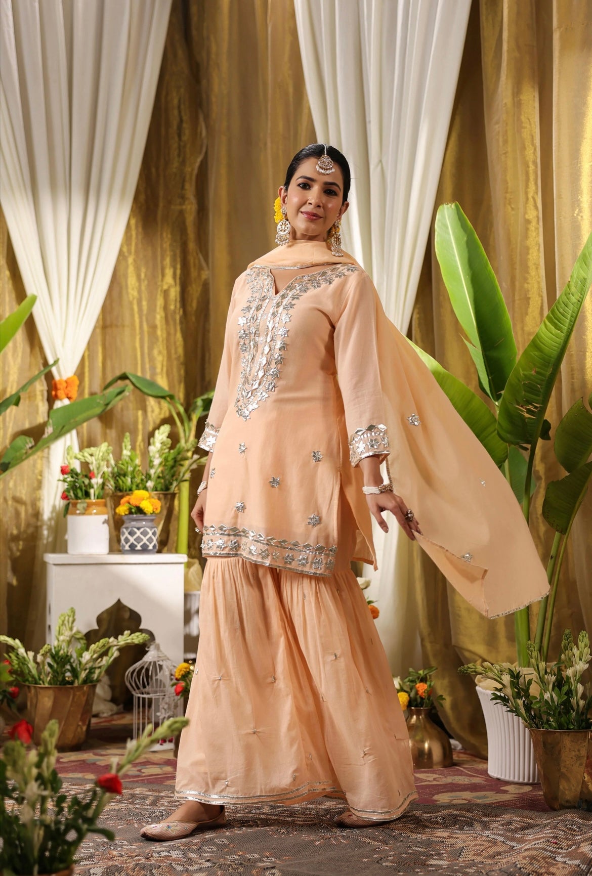 Cotton suit, mulmul suit, cotton suits for women, peach colour, full view.