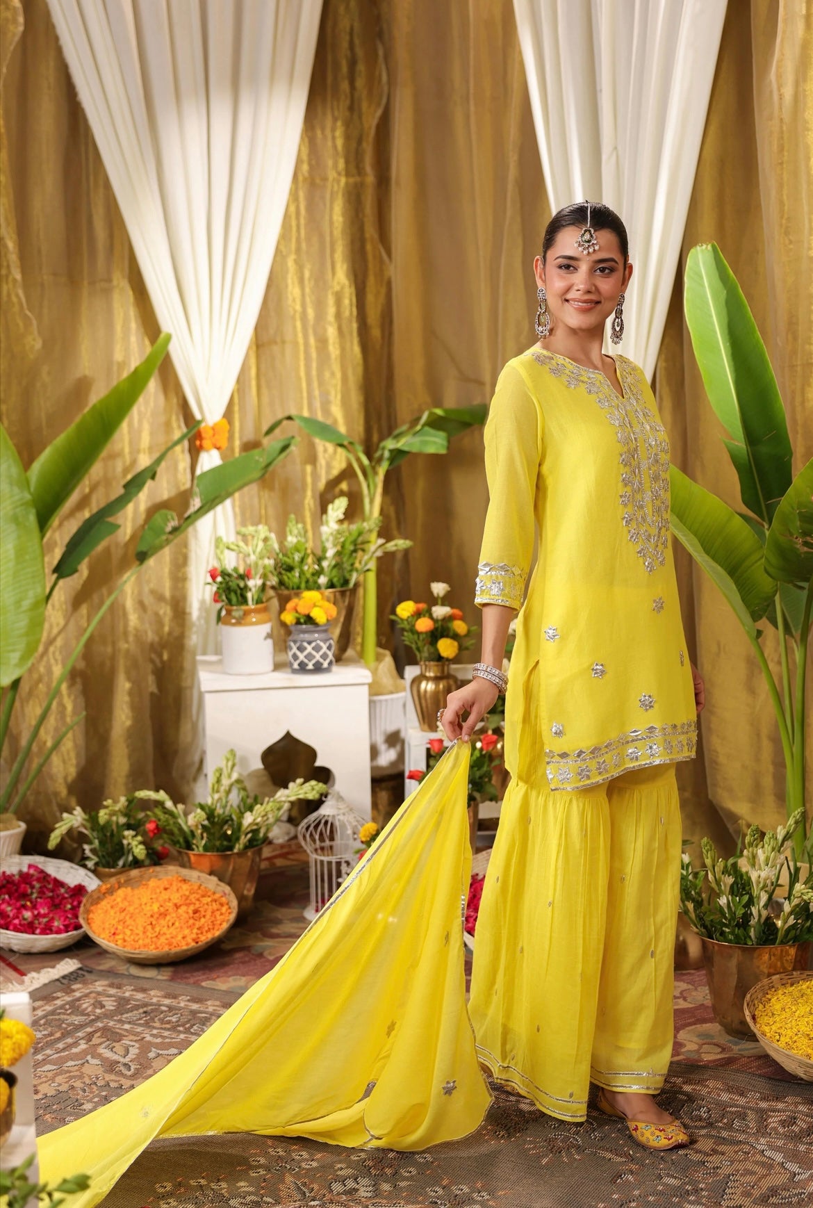 Cotton suit, ladies suit, cotton suits for women, festival dresses, pant suits for women, sharara suits, yellow colour, full view.