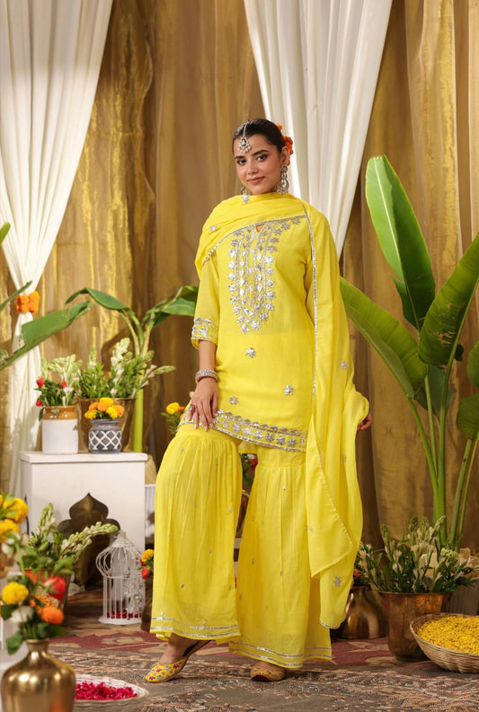 Cotton suit, ladies suits, sharara suit in cotton, yellow colour, front view.