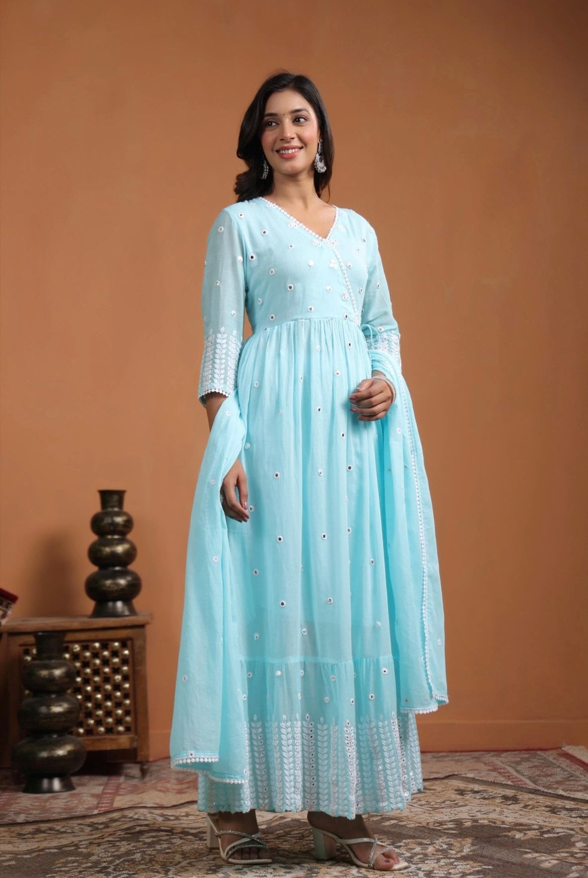 Anarkali dress, anarkali gown. Anarkali suit, Angrakha style. Aqua Blue colour. Front view.