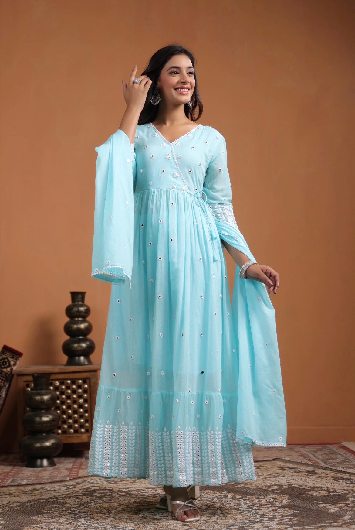 Anarkali dress, anarkali gown. Anarkali suit, Angrakha style. Aqua Blue colour. Front view.