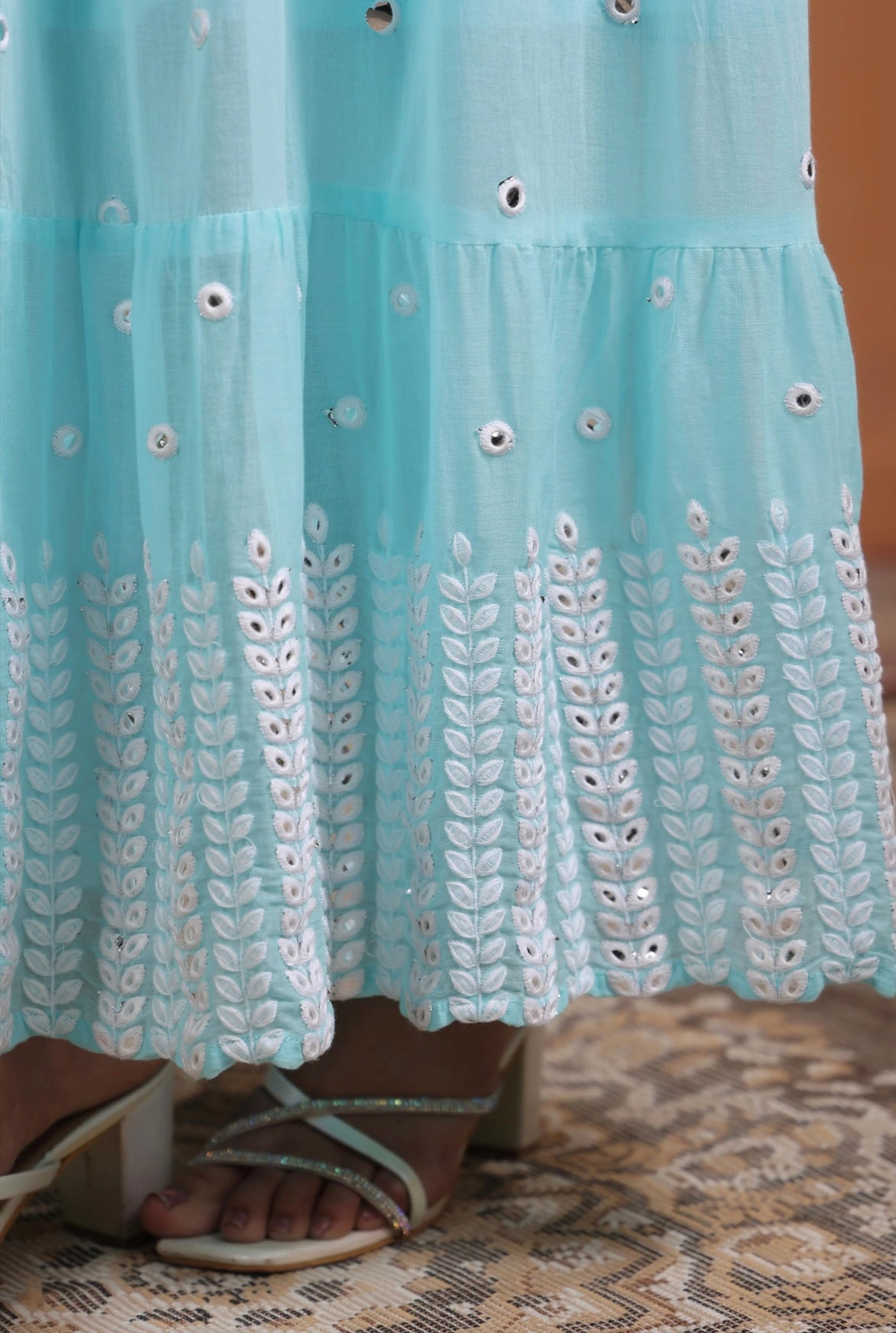 Anarkali dress, anarkali gown. Anarkali suit, Angrakha style. Aqua Blue colour. Detail view.