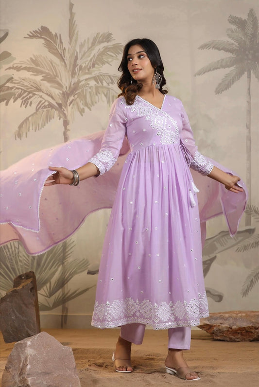 Anarkali dress for women, frock suit, cotton fabric, mirror work. Front Walking View.