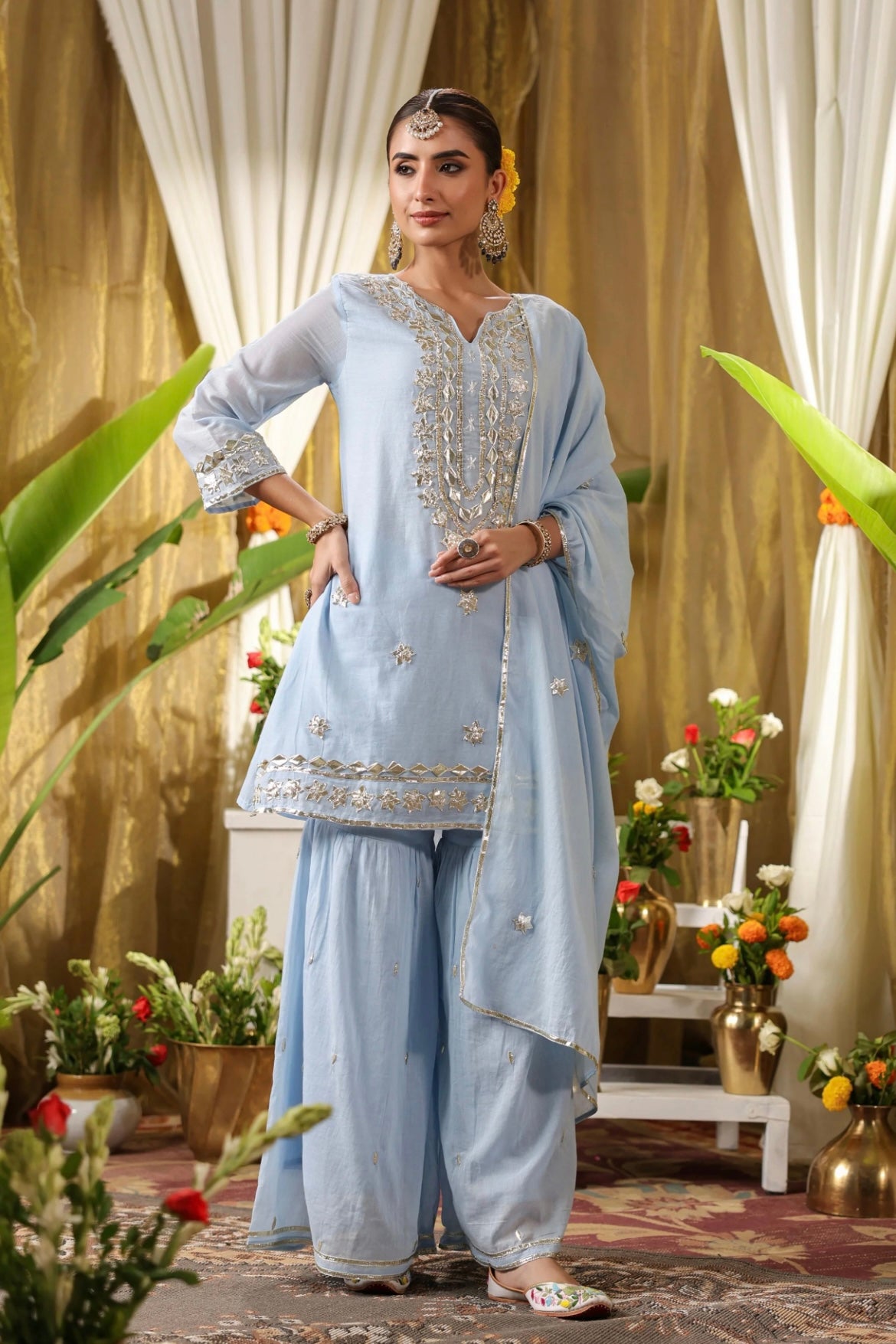 Cotton suit, ladies suit, cotton suits for women, powder blue colour, front view full image.