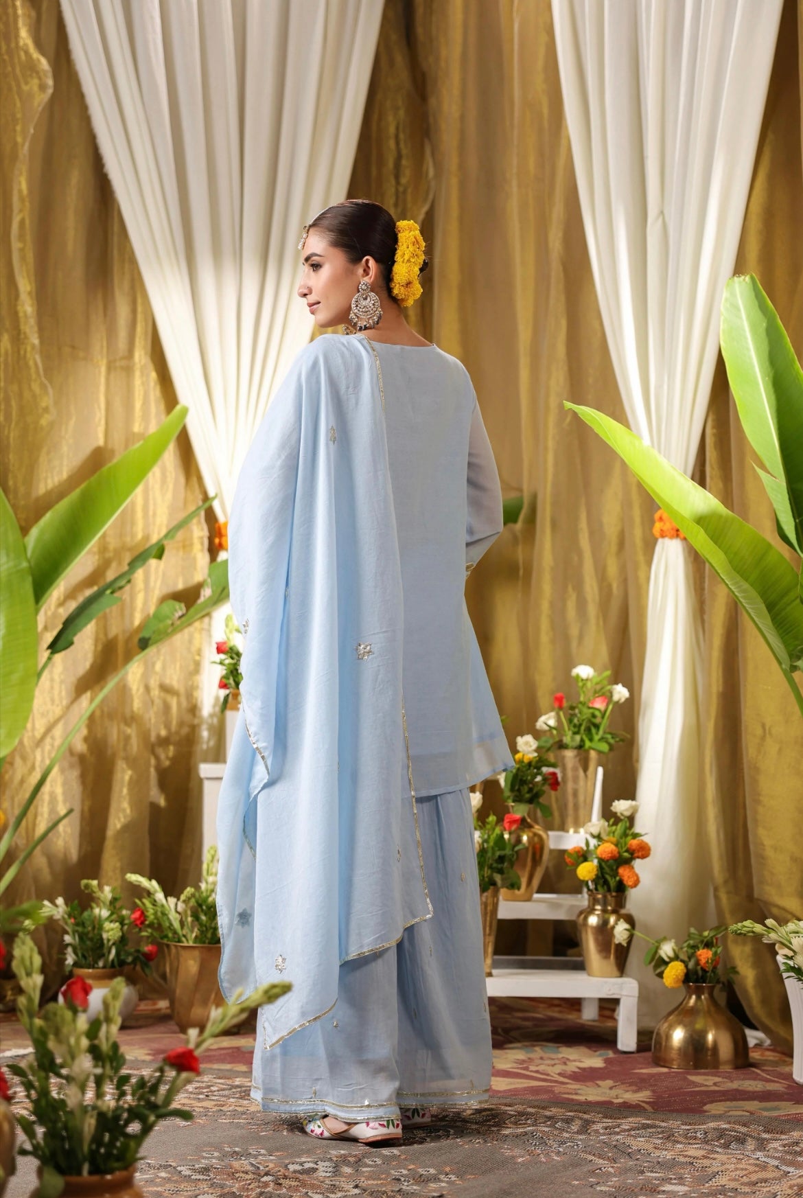 Cotton suit, women pant suits, powder blue colour, Back view.