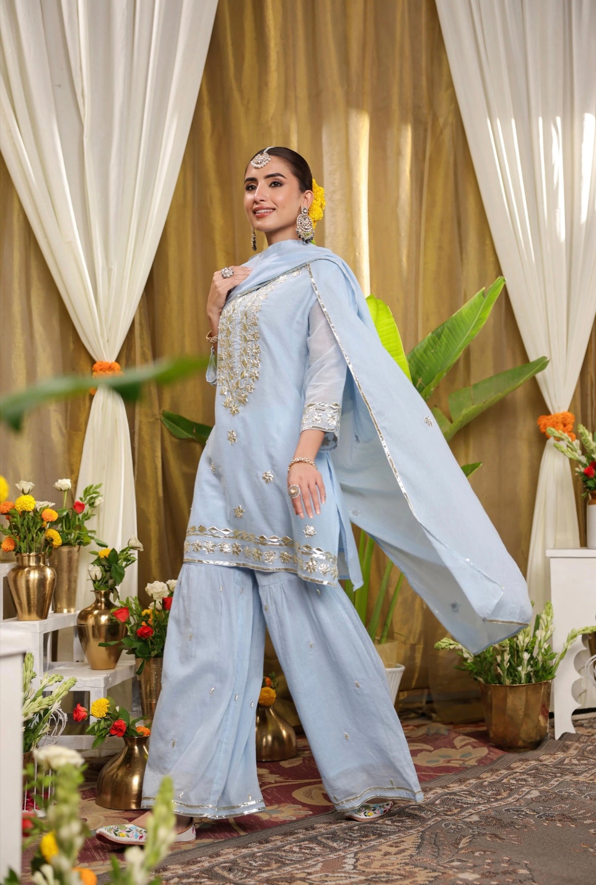 Cotton suit. Sharara suit. Powder blue colour. Side view.