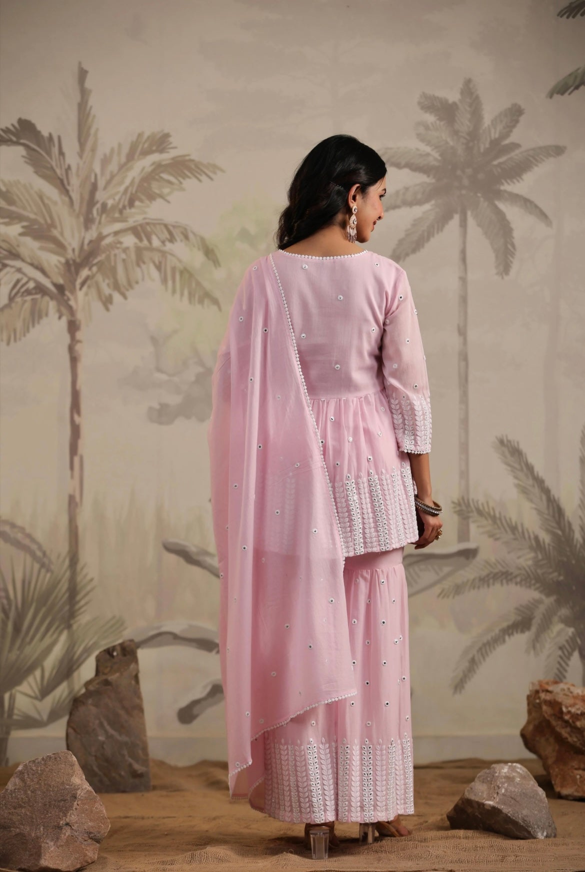 Sharara woman, Sharara suit,baby pink colour, peplum kurta, mirror work, Back View.