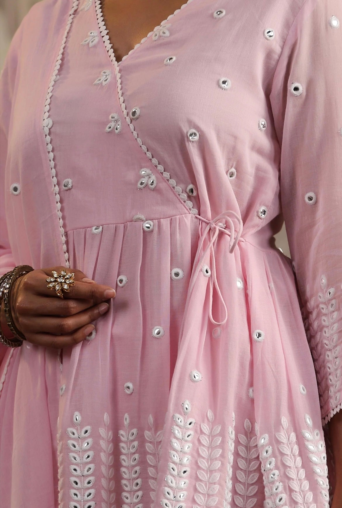 Sharara woman, Sharara suit,baby pink colour, peplum kurta, mirror work, Side Detail View.