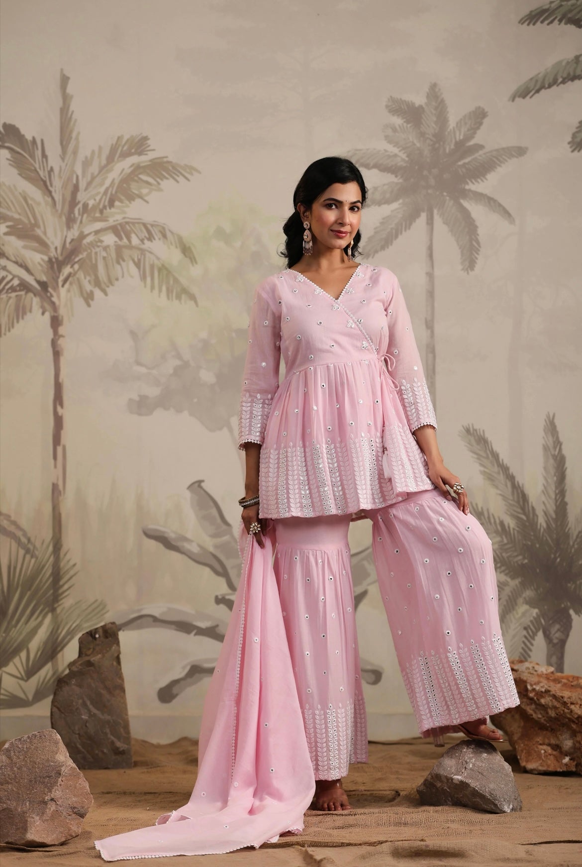 Sharara woman, Sharara suit,baby pink colour, peplum kurta, mirror work, Front View.