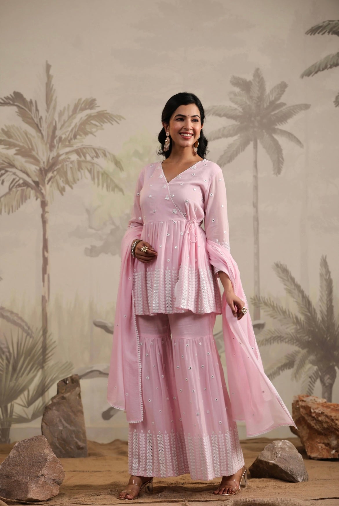 Sharara woman, Sharara suit,baby pink colour, peplum kurta, mirror work, Front View.