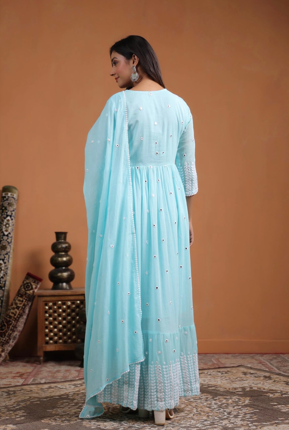 Anarkali dress, anarkali gown. Anarkali suit, Angrakha style. Aqua Blue colour. Back view.