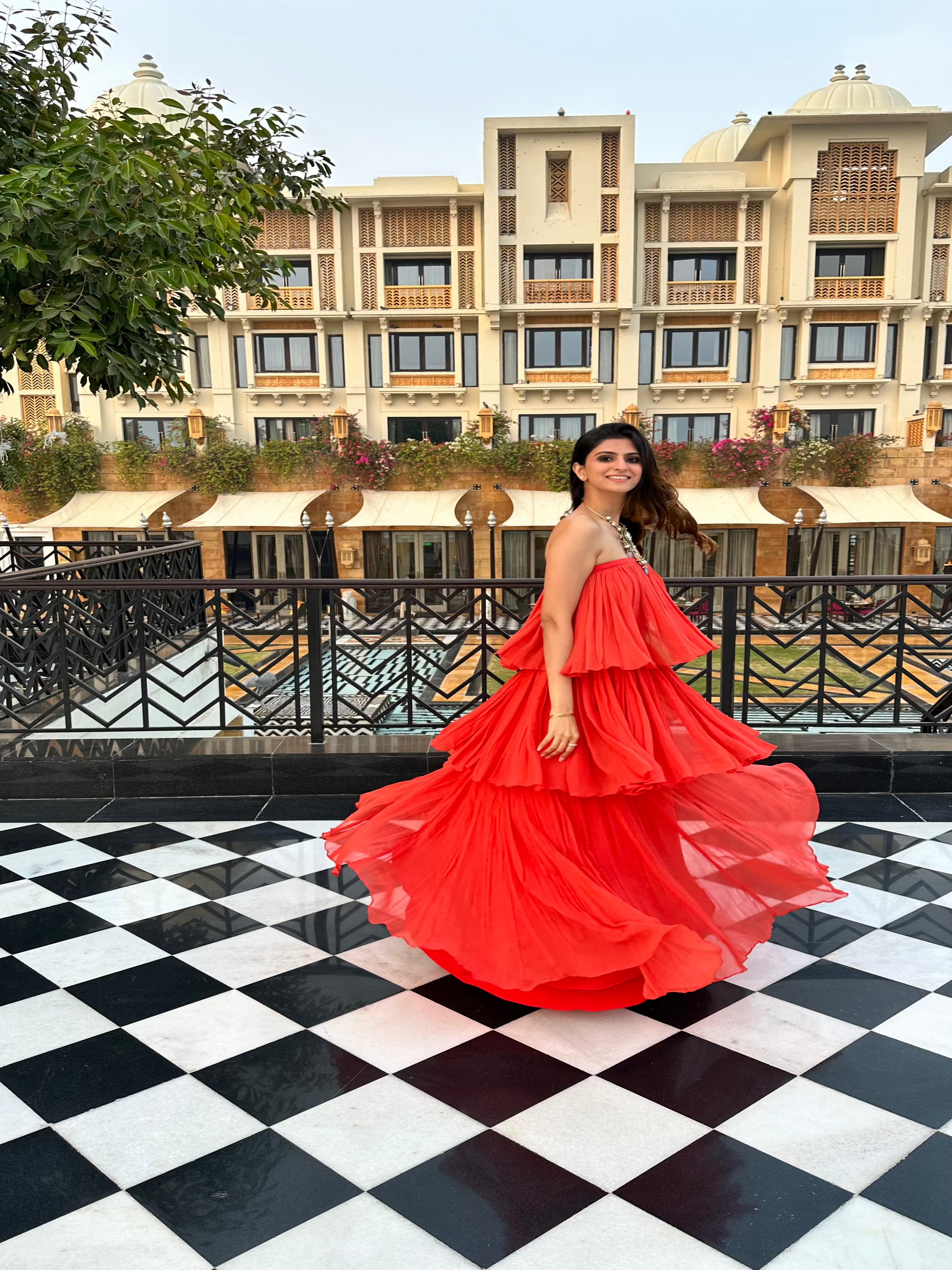 Orange Ruffle Dress, three layer, Georgette fabric, Tube, Side View.
