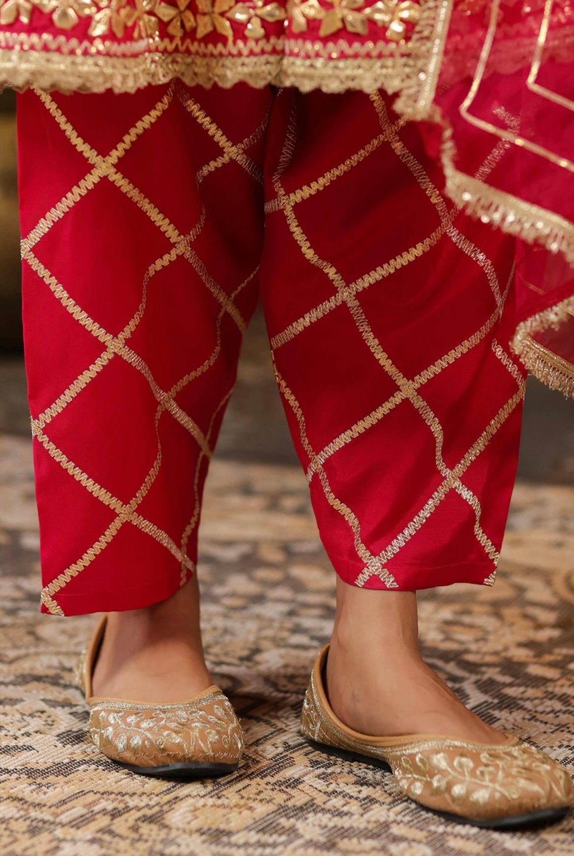 Fuchsia Anarkali Salwar set with Gota patti work. Salwar Detail view.