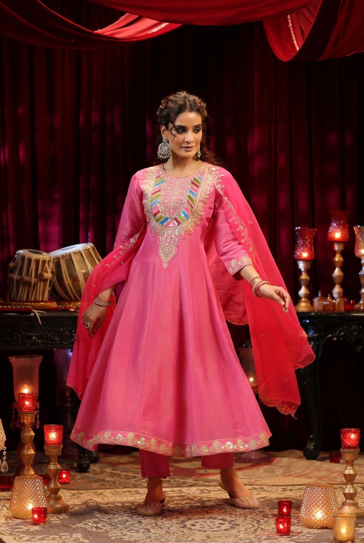 Fuchsia Shimmer Organza Dori Sequin work Anarkali Set. Full view.