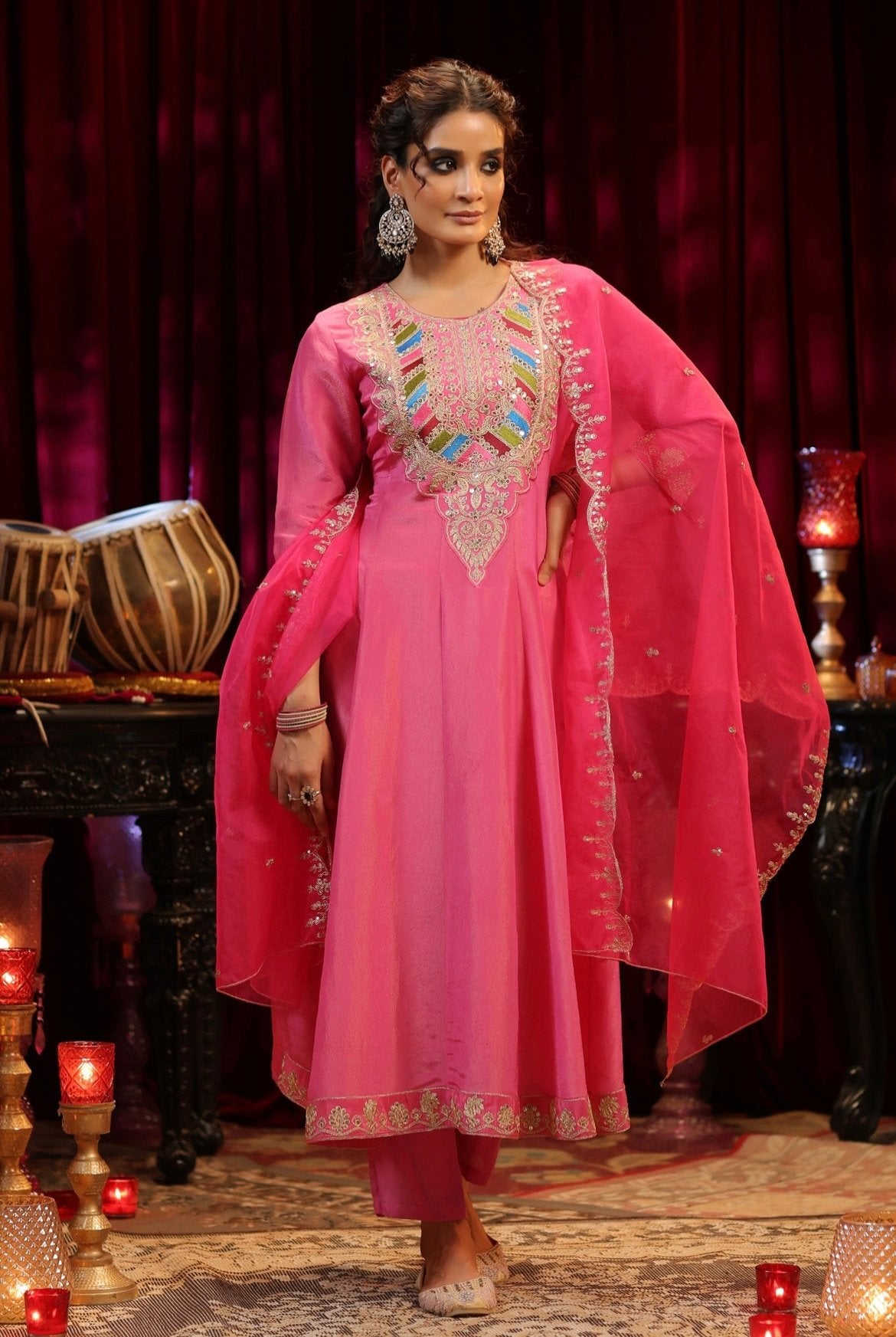 Fuchsia Shimmer Organza Dori Sequin work Anarkali Set. Front view.