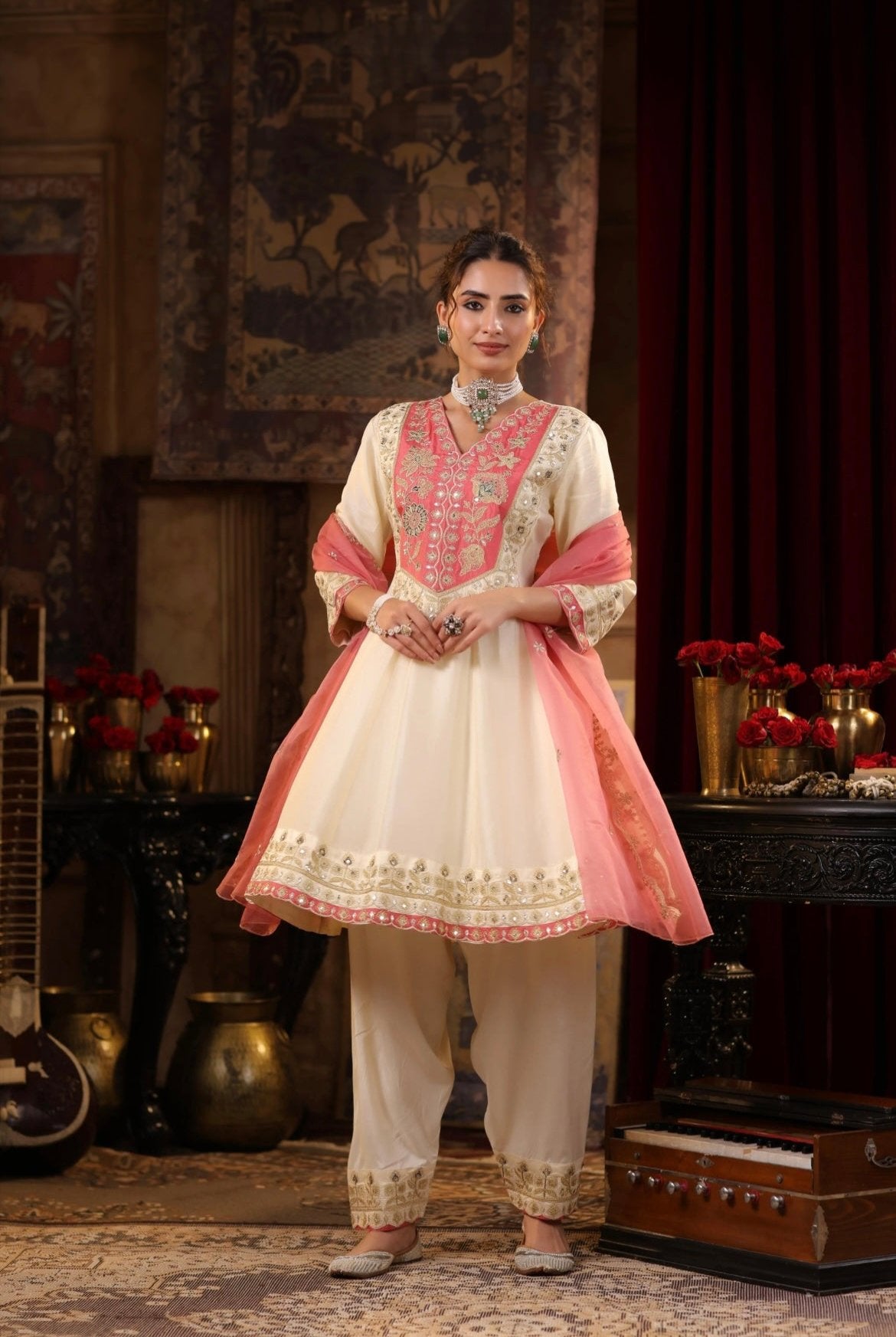 Ivory Silk Dori Embroidery Anarkali with Rose Pink Organza Dupatta. Front View