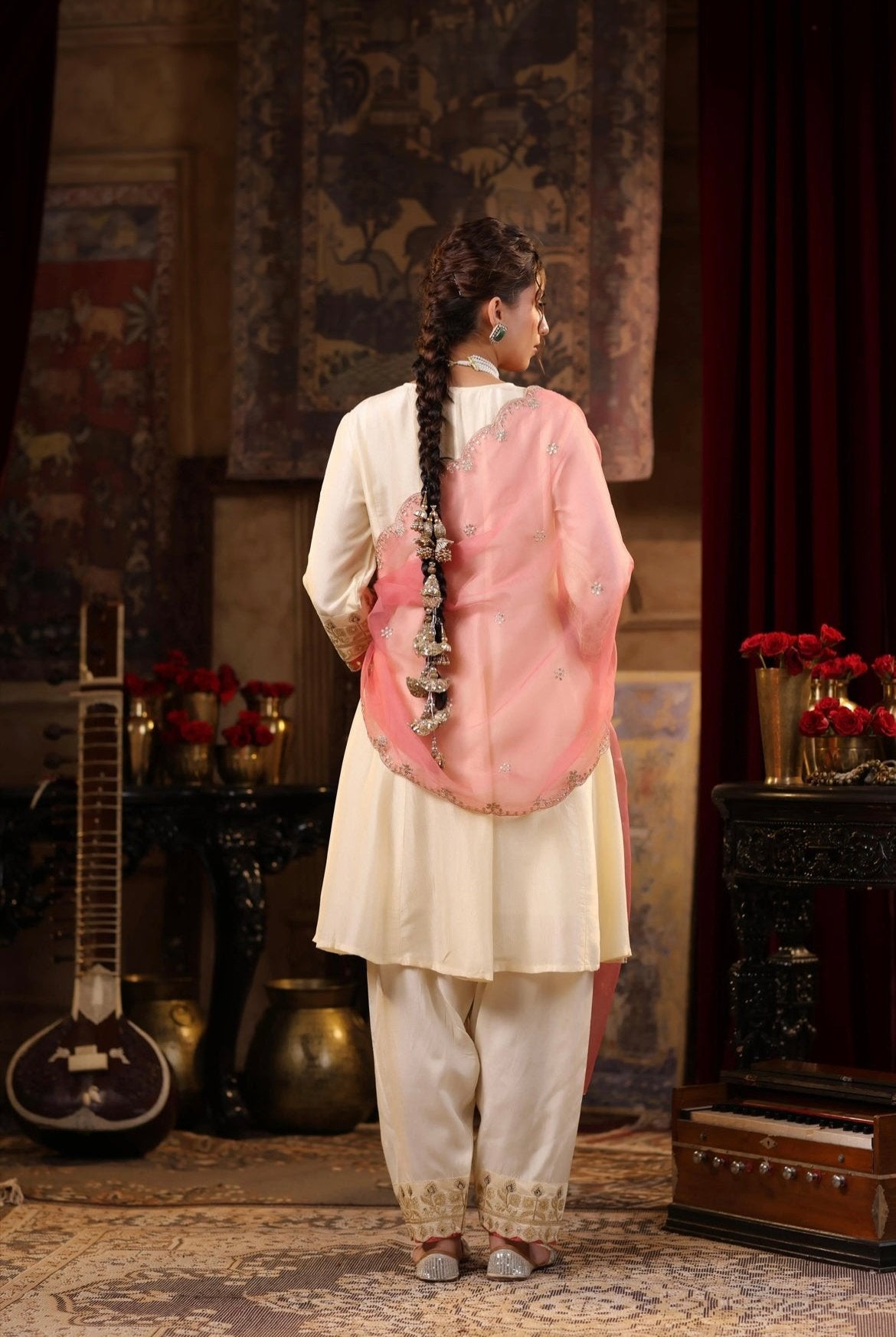 Ivory Silk Dori Embroidery Anarkali with Rose Pink Organza Dupatta. Back view.