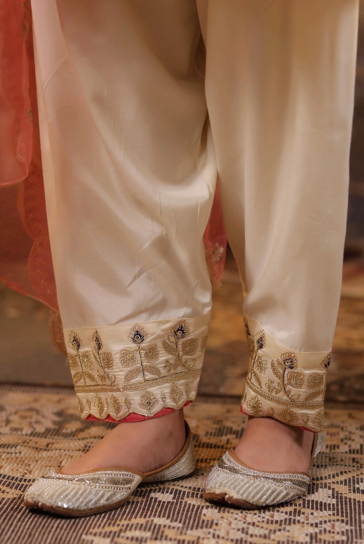 Ivory Silk Dori Embroidery Anarkali with Rose Pink Organza Dupatta. Detail view.