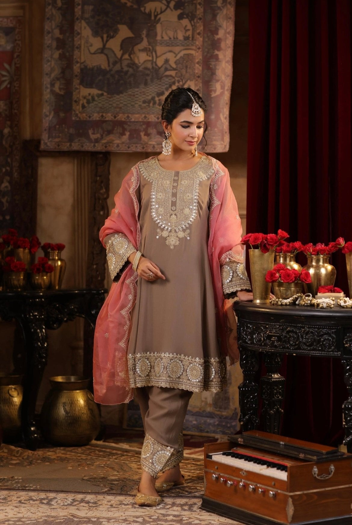 Taupe Anarkali Georgette Dori Gota Embroidery set with Rose Pink Organza Dupatta. Front view.