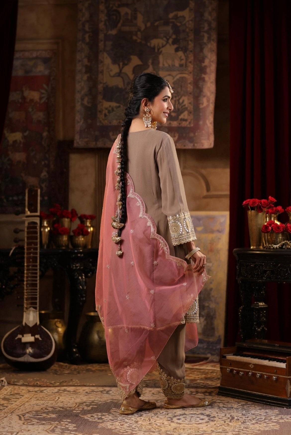 Taupe Anarkali Georgette Dori Gota Embroidery set with Rose Pink Organza Dupatta. Back view.