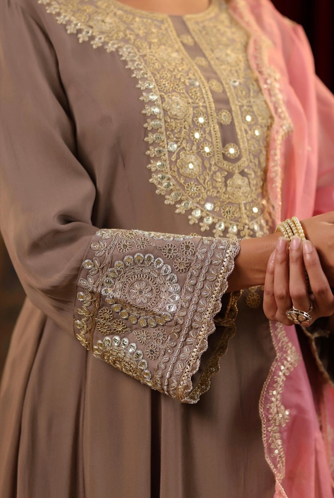 Taupe Anarkali Georgette Dori Gota Embroidery set with Rose Pink Organza Dupatta. Detail Front view.