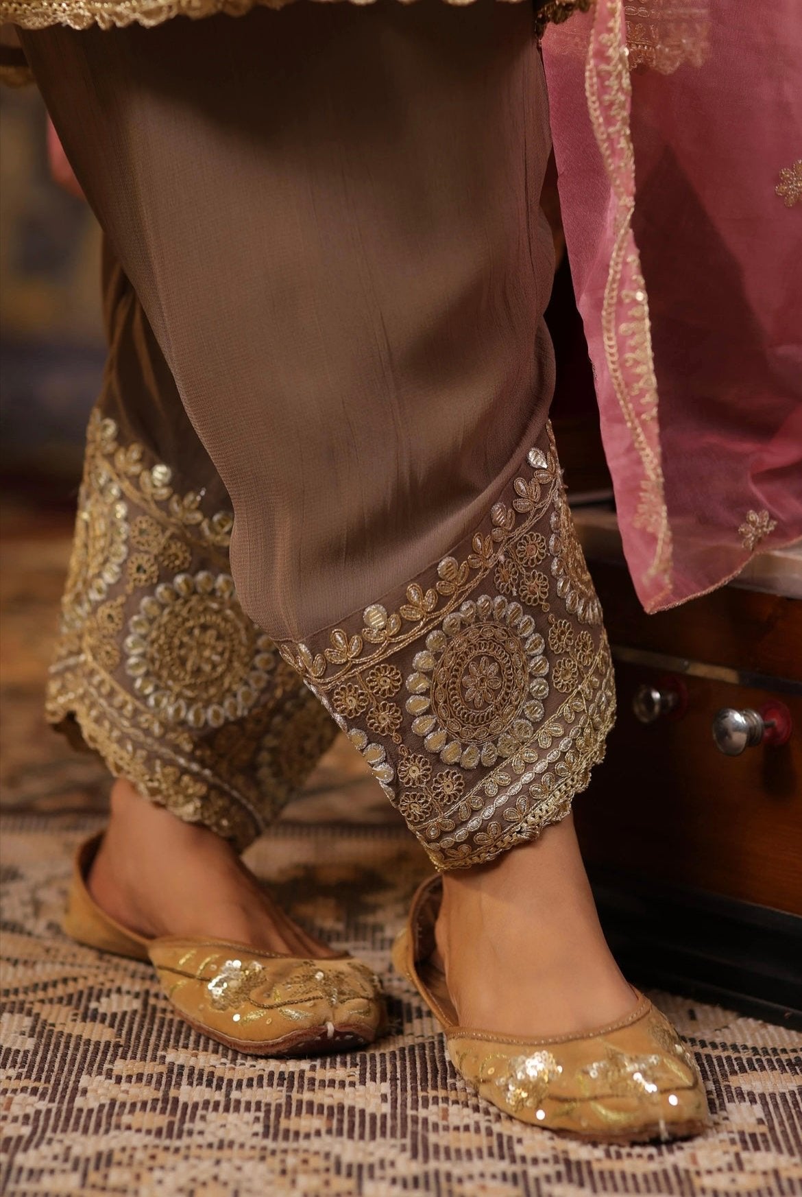 Taupe Anarkali Georgette Dori Gota Embroidery set with Rose Pink Organza Dupatta. Bottom Detail view.