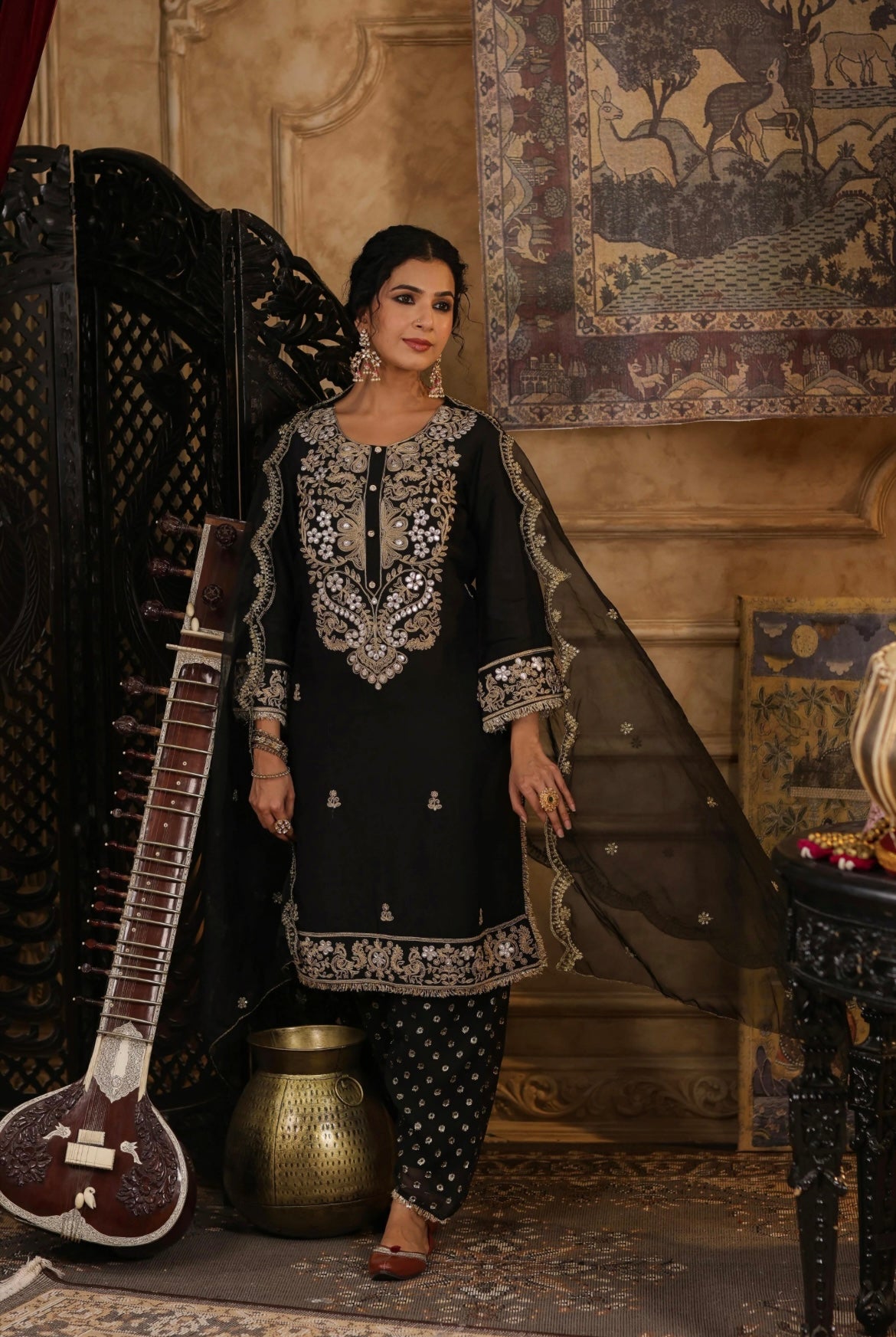 Black Chanderi Silk Dori & Gota Embroidery Salwar Set. Full view.