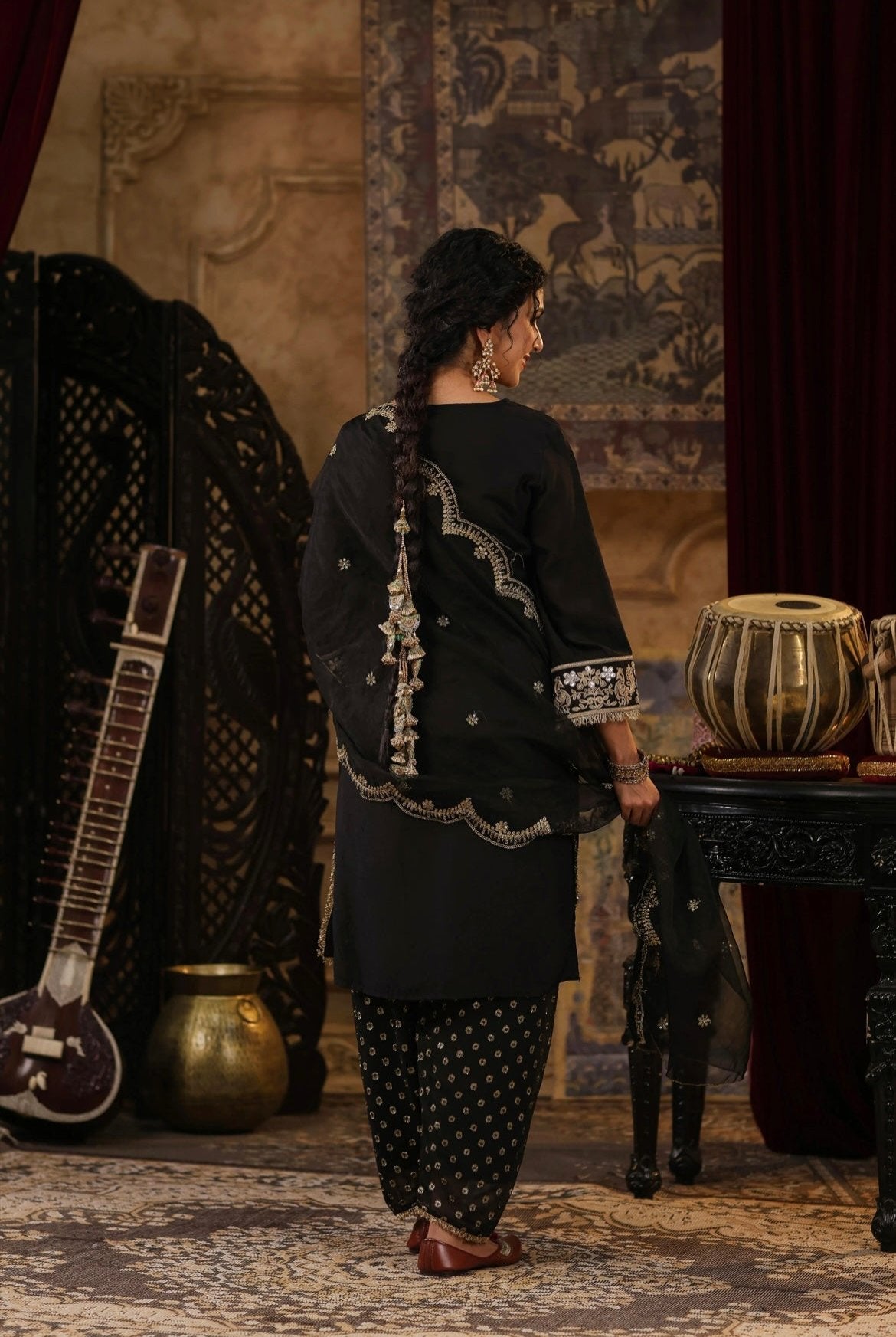 Black Chanderi Silk Dori & Gota Embroidery Salwar Set. Back view.