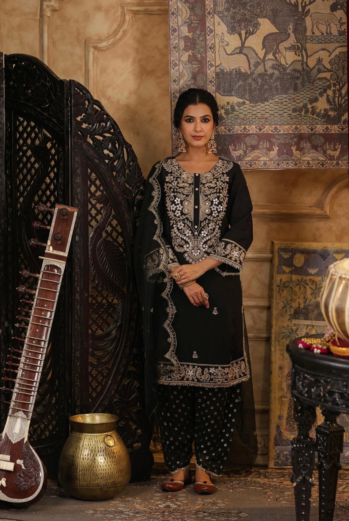 Black Chanderi Silk Dori & Gota Embroidery Salwar Set. Front view.