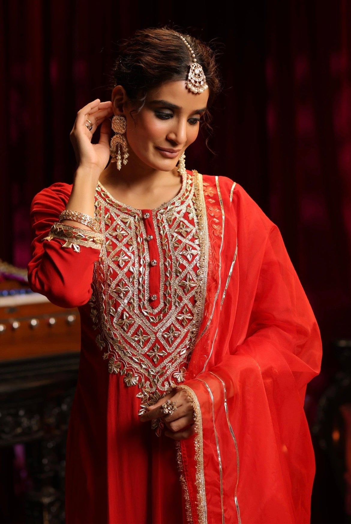 Red Georgette Gota Embroidery Anaarkali with Red organza Dupatta. Detail view.