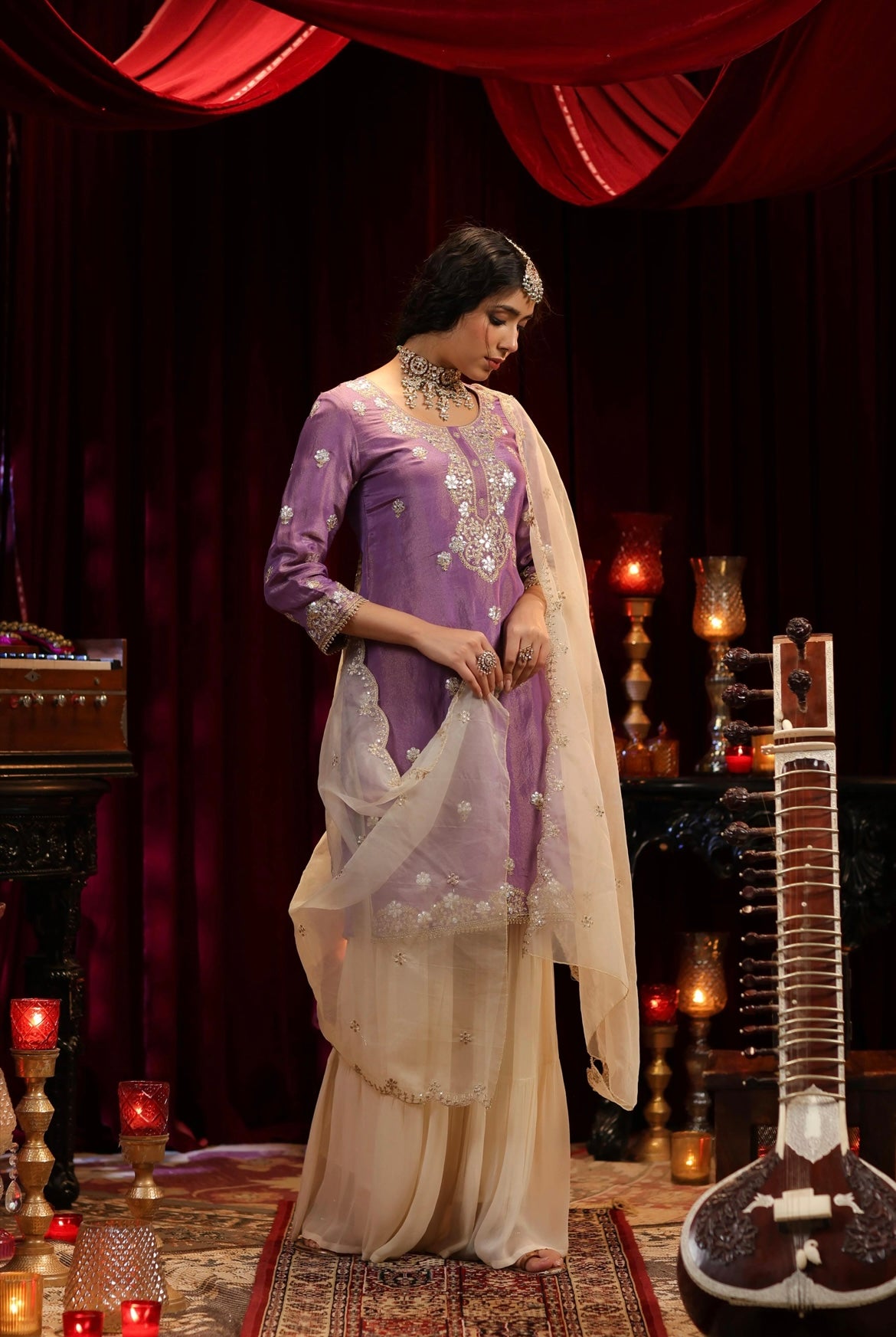 Purple Ivory Shimmer Organza Dori Gota Embroidery Sharara Set. Side view