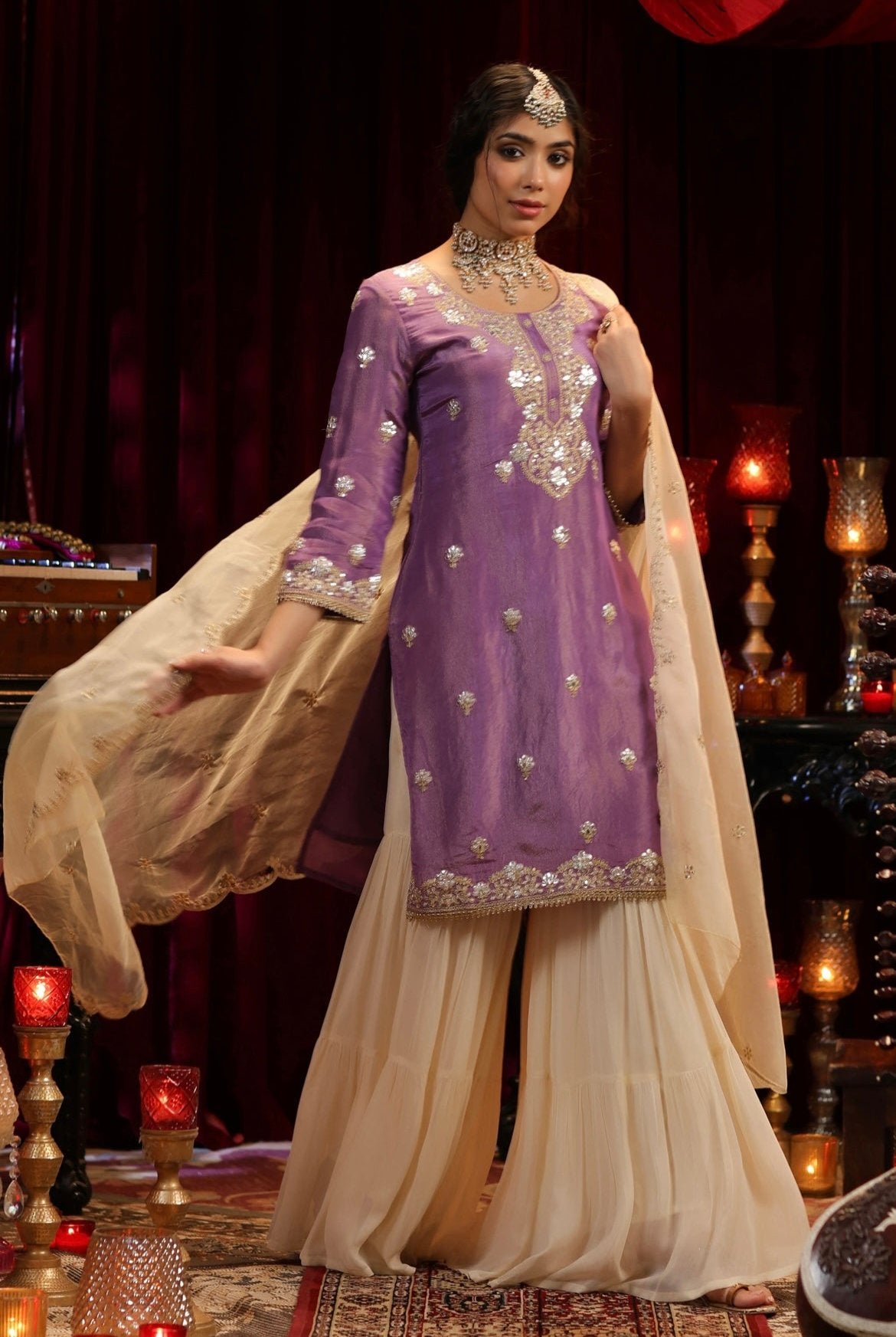 Purple Ivory Shimmer Organza Dori Gota Embroidery Sharara Set. Front view