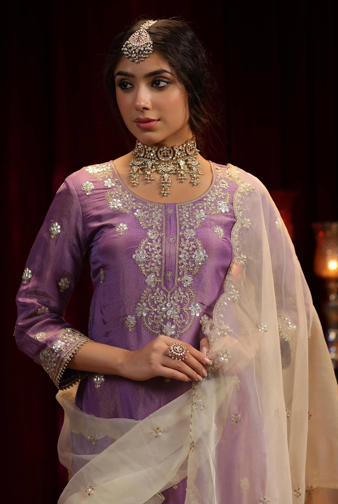 Purple Ivory Shimmer Organza Dori Gota Embroidery Sharara Set. Detail view.