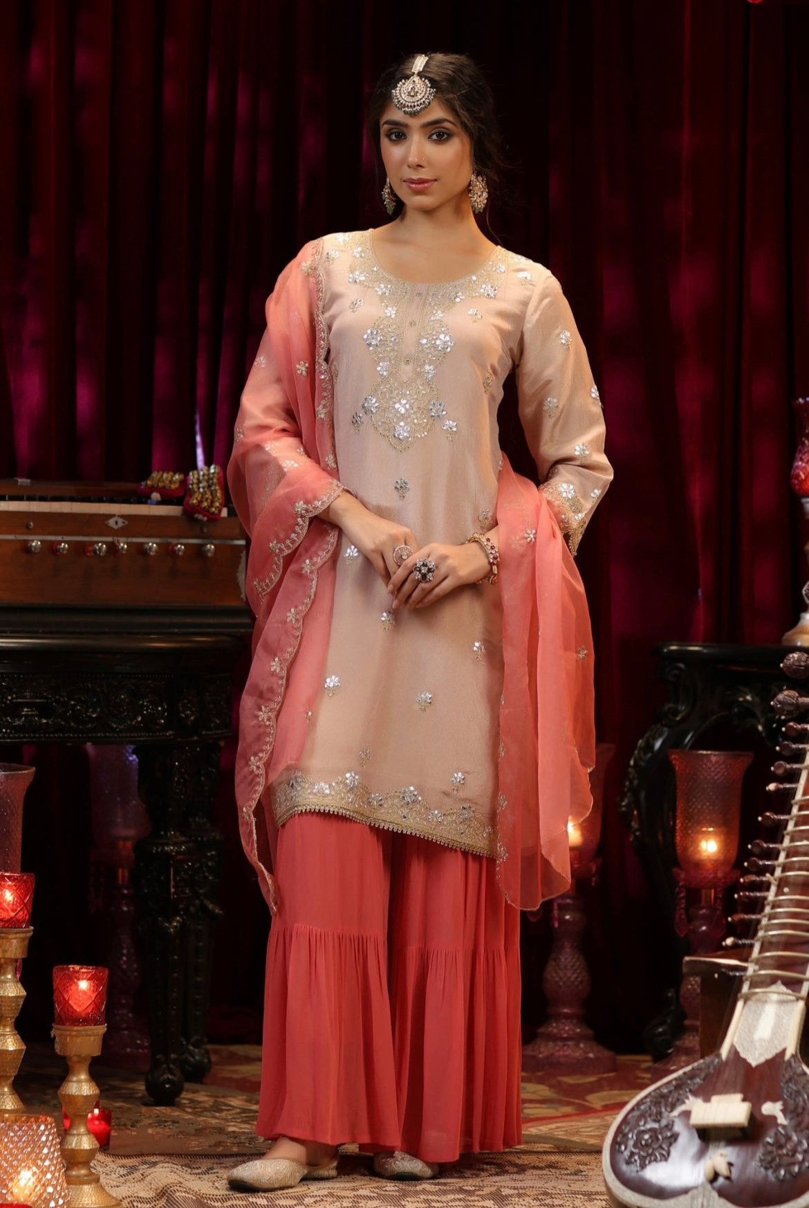 Rose Pink Shimmer Organza Dori Gota Embroidery Sharara Set. Front view.