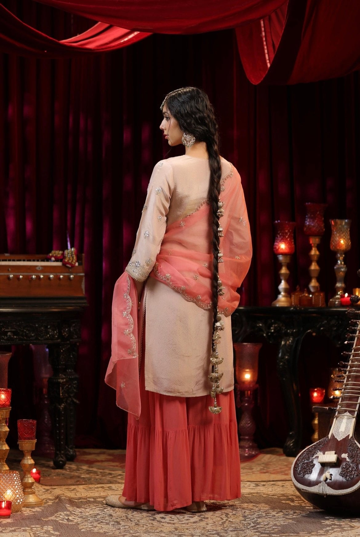 Rose Pink Shimmer Organza Dori Gota Embroidery Sharara Set. Back view.