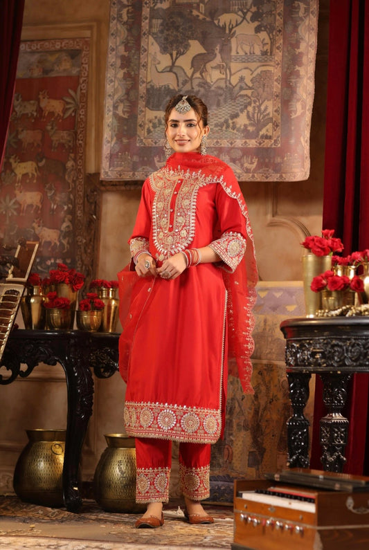 Red Chanderi Silk Kurta with Dori sequin and Gota Embroidery Set. Front view.