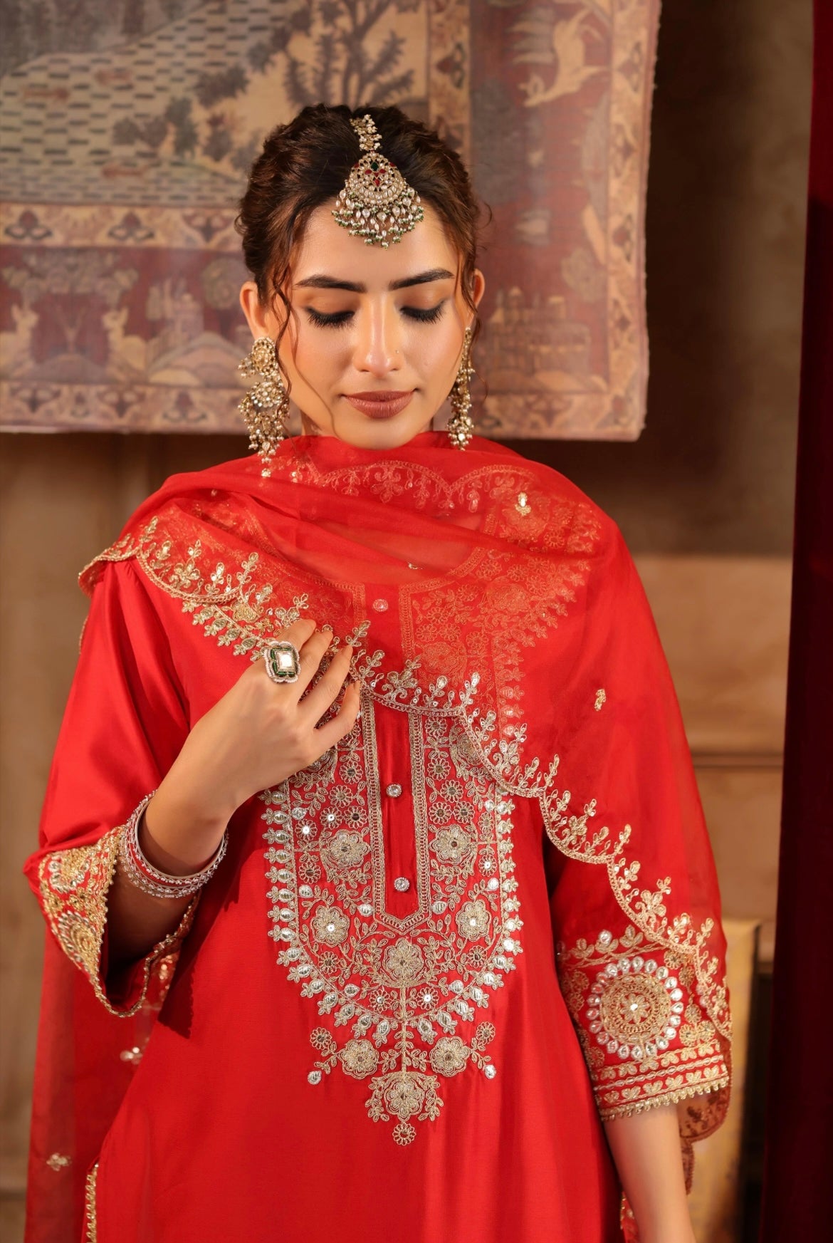 Red Chanderi Silk Kurta with Dori sequin and Gota Embroidery Set. Detail view.