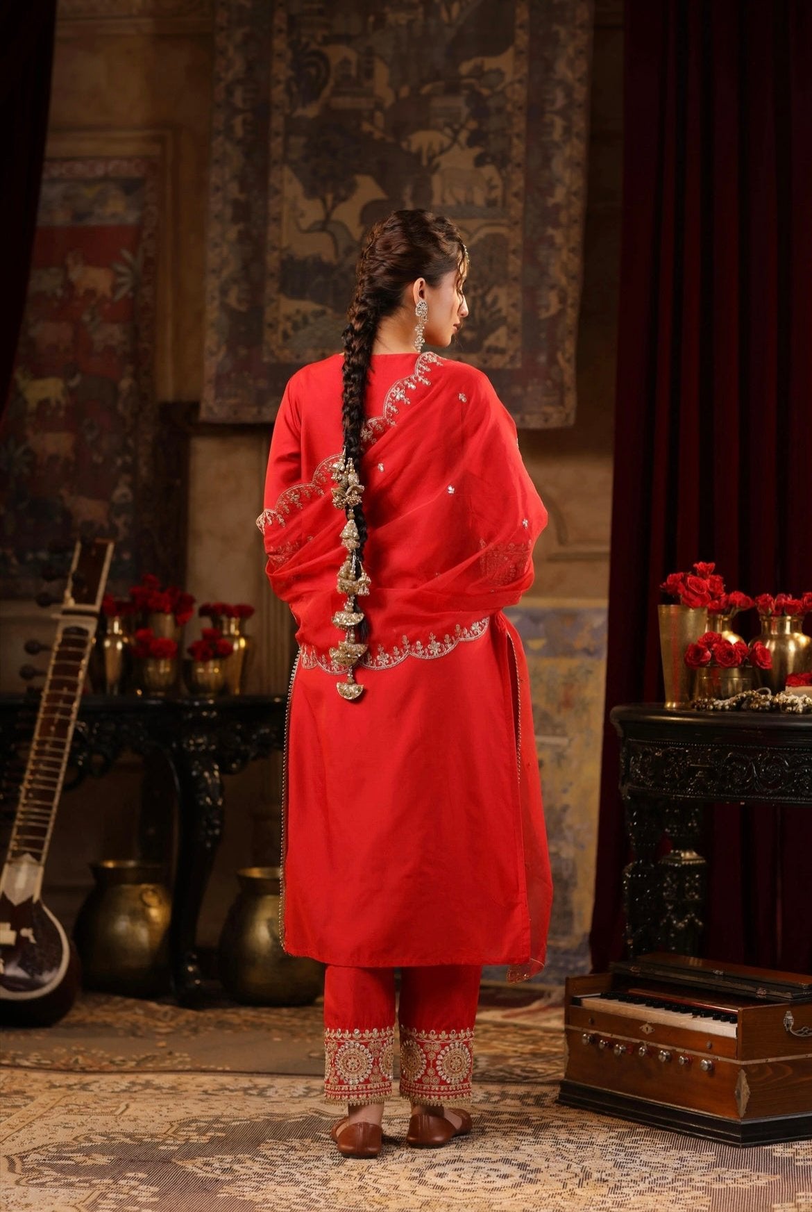 Red Chanderi Silk Kurta with Dori sequin and Gota Embroidery Set. Back view