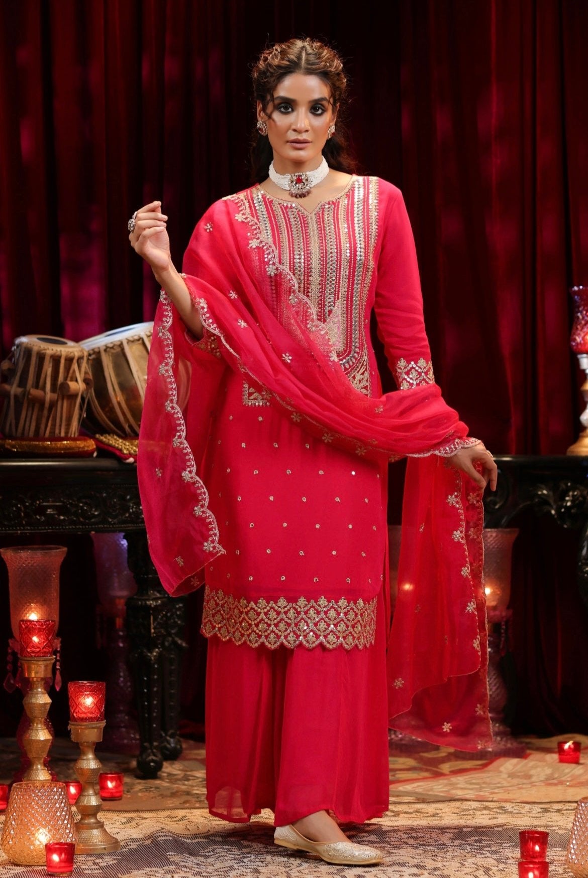 Fuchsia Georgette Kurta Palazzo set with dori and sequin Embroidery. Front view.