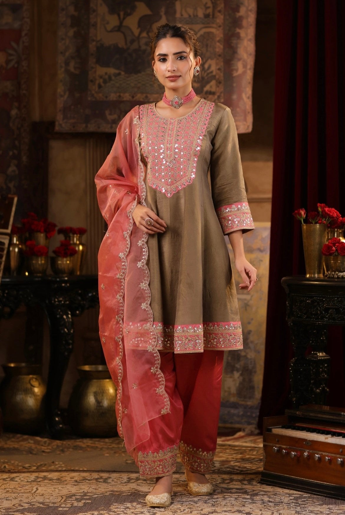 Brown Rose Pink Anarkali in Shimmer Organza with Dori and Sequin work paired with Salwar. Full front view.