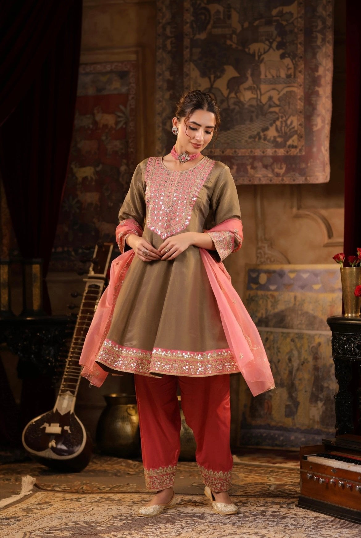 Brown Rose Pink Anarkali in Shimmer Organza with Dori and Sequin work paired with Salwar. Front view.