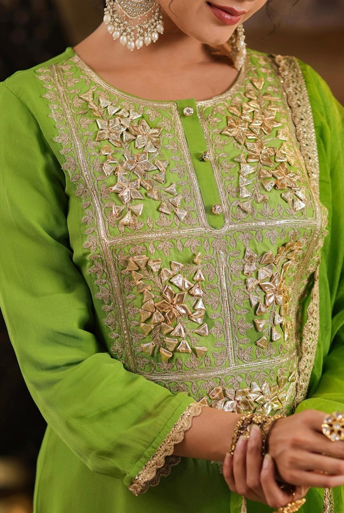 Green Georgette Kurta Palazzo Set with Gota and Dori embroidery. Detail embroidery view.