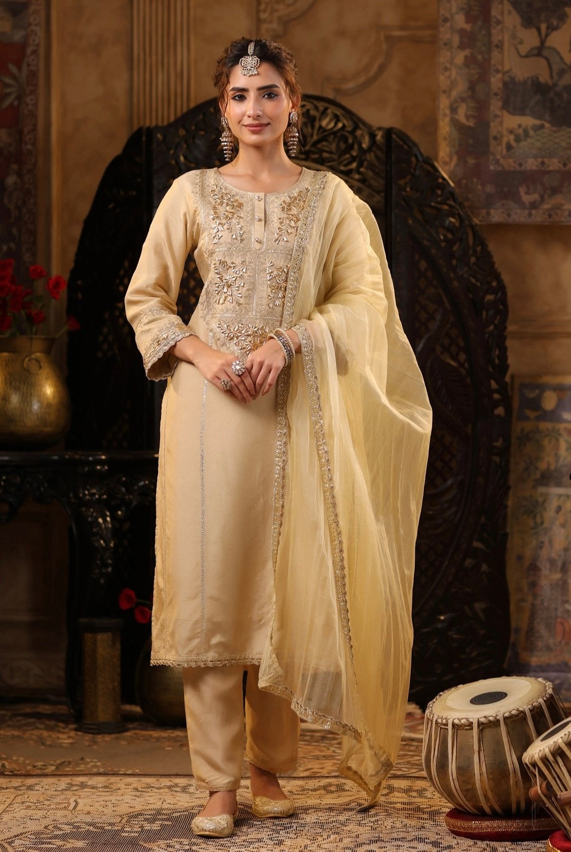 Beige Silk Kurta Pant set with gota and Dori embroidery. Front view.